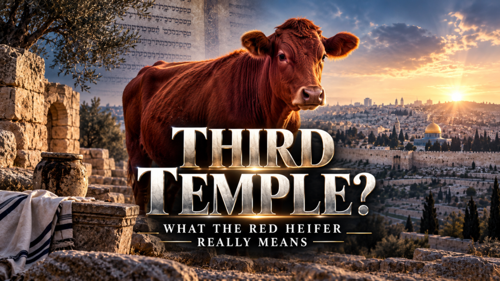 Red heifer overlooking Jerusalem and the Temple Mount